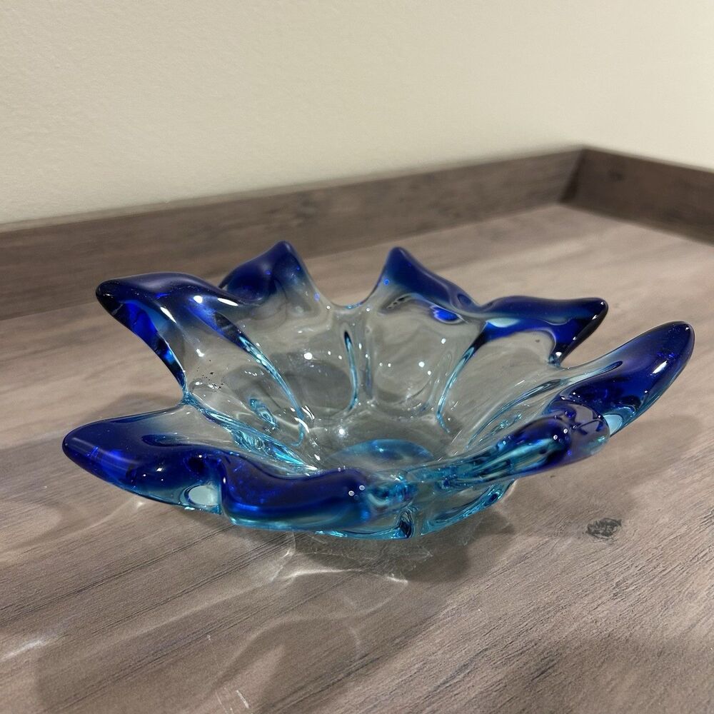 Vintage Blue Art Glass Ashtray Bowl Murano Style 6 Point Folded Rim Mid Century
